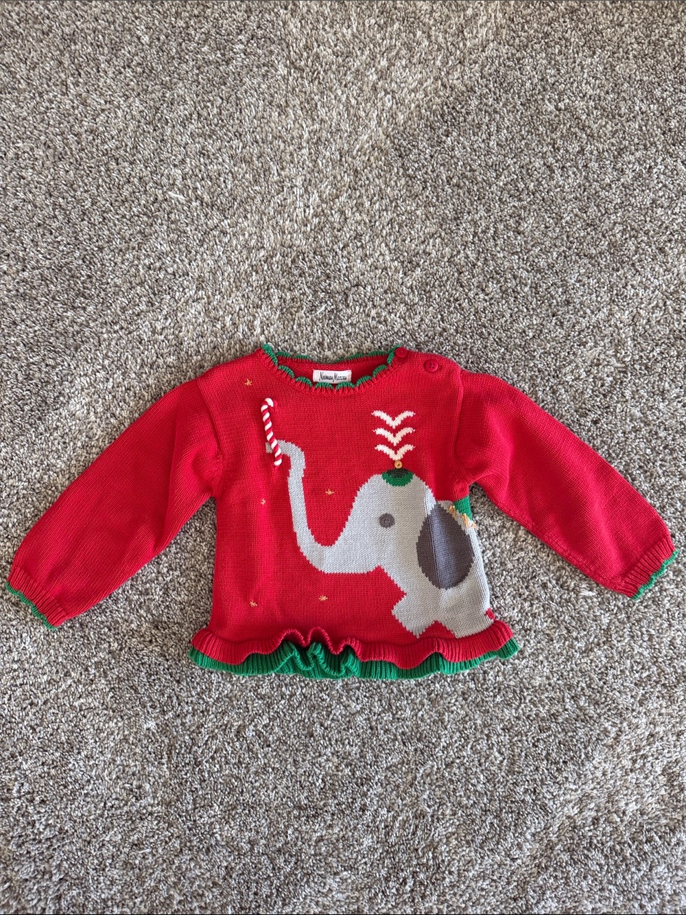 Neiman Marcus Baby Girl Red Knit Holiday Sweater with Elephant and Green Trim